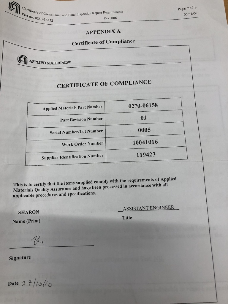 APPLIED MATERIALS AMAT SERVICE LIFT KIT 0270-06158