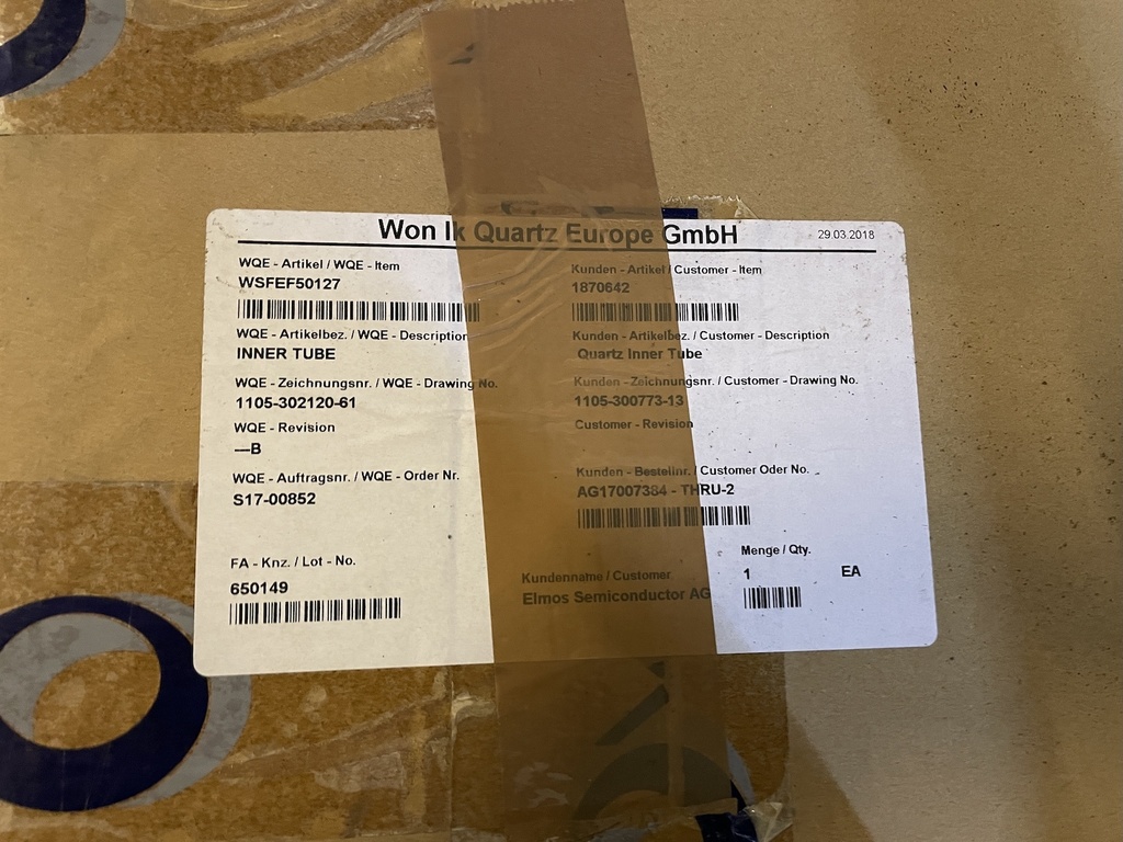 TOKYO ELECTRON WONIK QUARTZ INNER TUBE 1105-302120-61