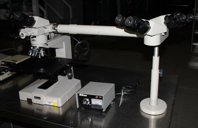 Nikon Epiphot, Wafer Inspection Microscope, w/ Lamp PSU, w/ Dual Goggle Unit