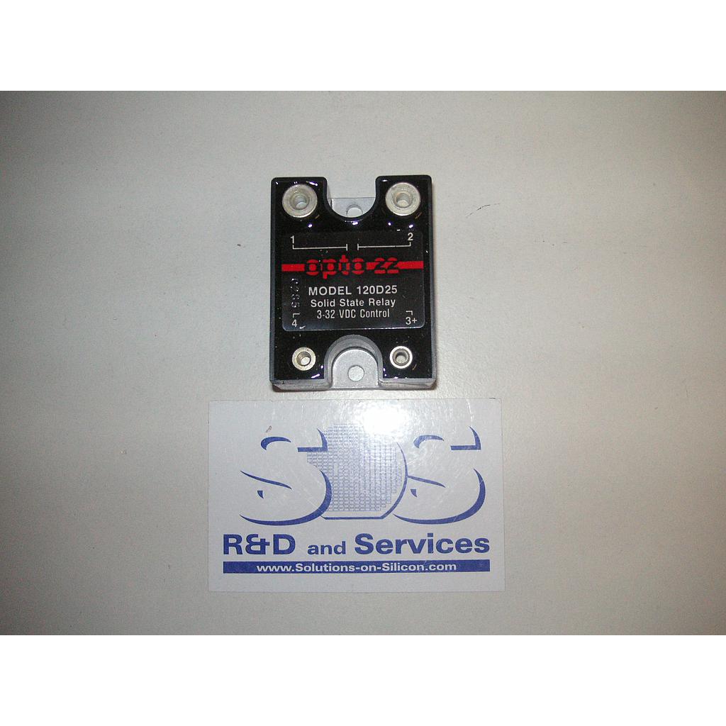 Opto22 Model 120D25, 120VAC, 25A, DC Control Solid State Relay (SSR), 3-32VDC Control